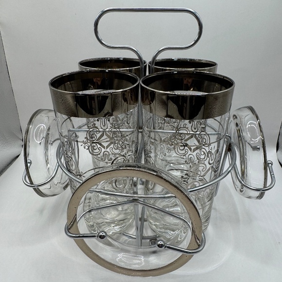 Vintage Kimiko Highball Tumblers and Glass Coaster set in Chrome Carrier. EUC - Picture 1 of 14